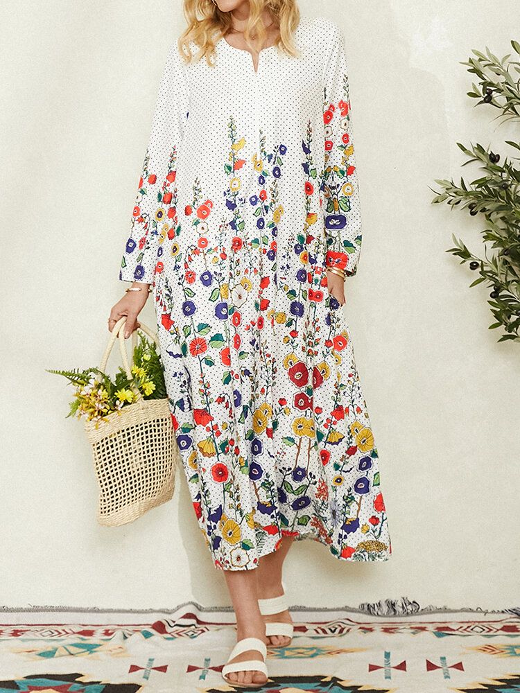 Robe Maxi Décontractée À Manches Longues Et À Pois Pour Femmes