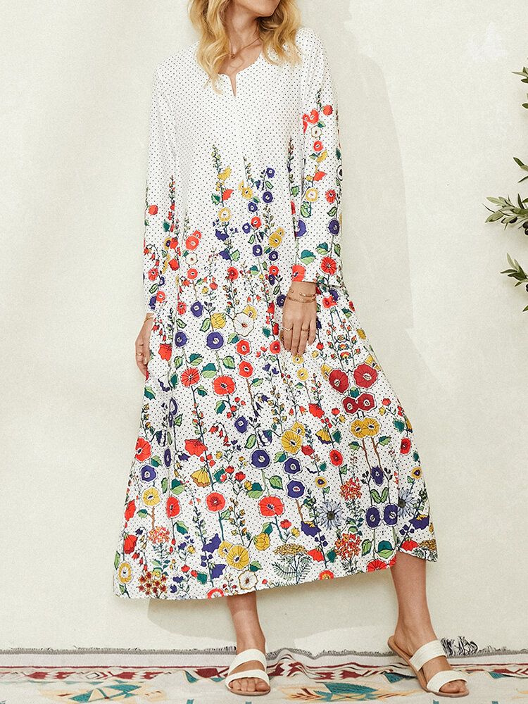 Robe Maxi Décontractée À Manches Longues Et À Pois Pour Femmes