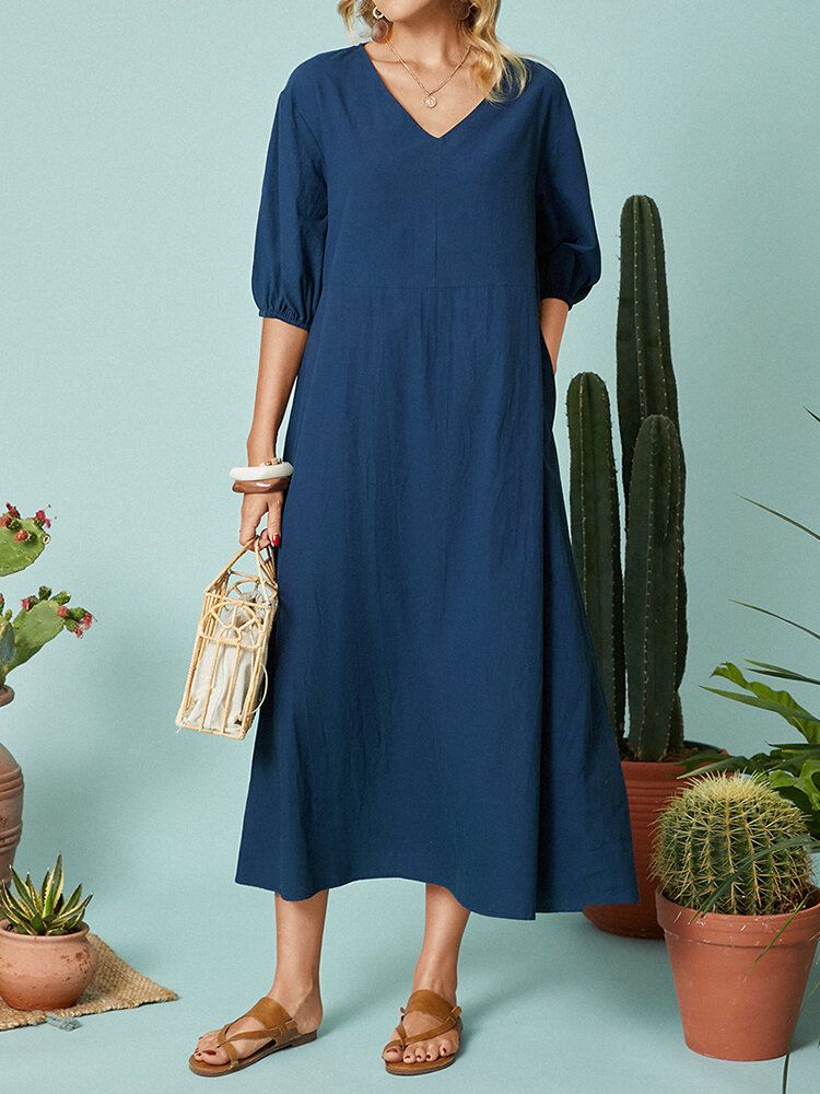 Robe Maxi Décontractée À Manches Mi-longues Et Col En V De Couleur Unie