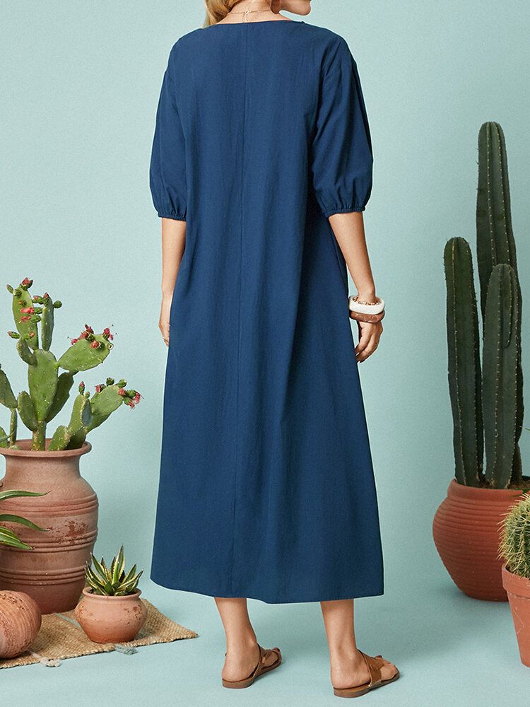 Robe Maxi Décontractée À Manches Mi-longues Et Col En V De Couleur Unie