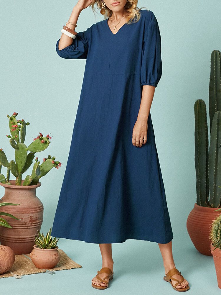 Robe Maxi Décontractée À Manches Mi-longues Et Col En V De Couleur Unie