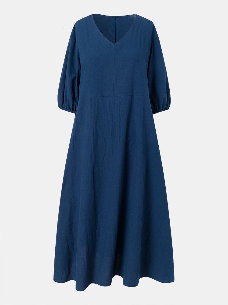 Robe Maxi Décontractée À Manches Mi-longues Et Col En V De Couleur Unie