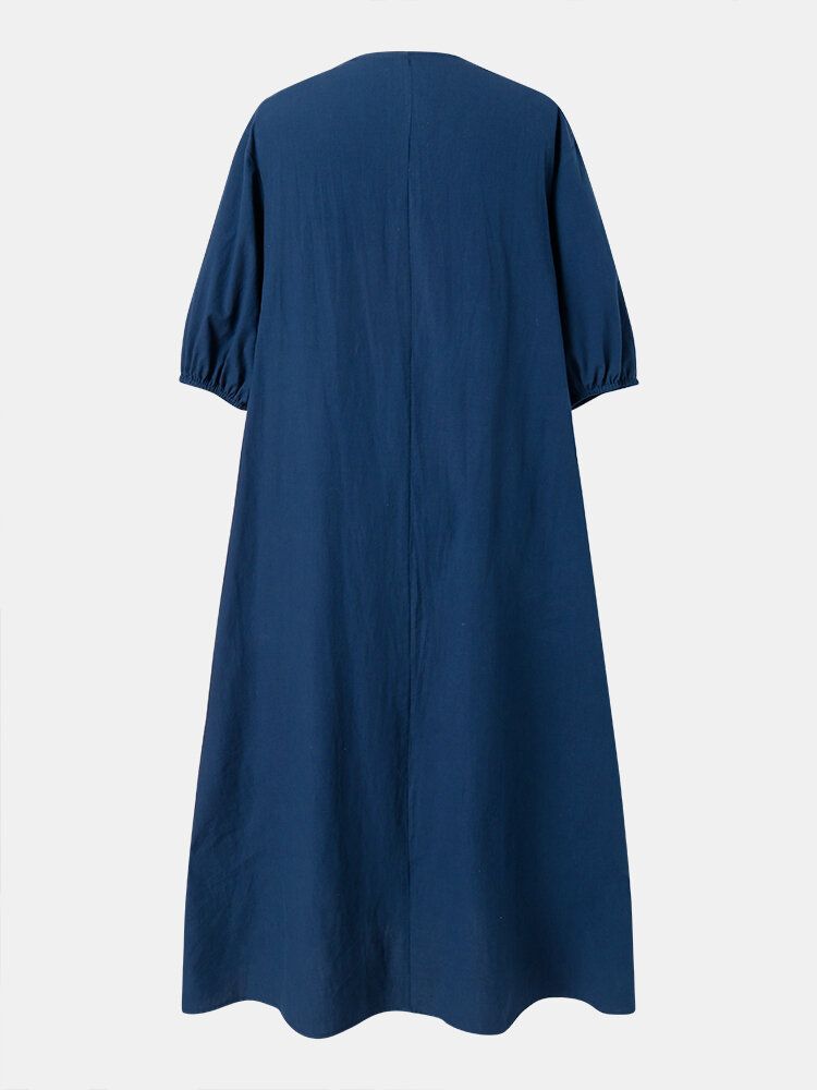 Robe Maxi Décontractée À Manches Mi-longues Et Col En V De Couleur Unie