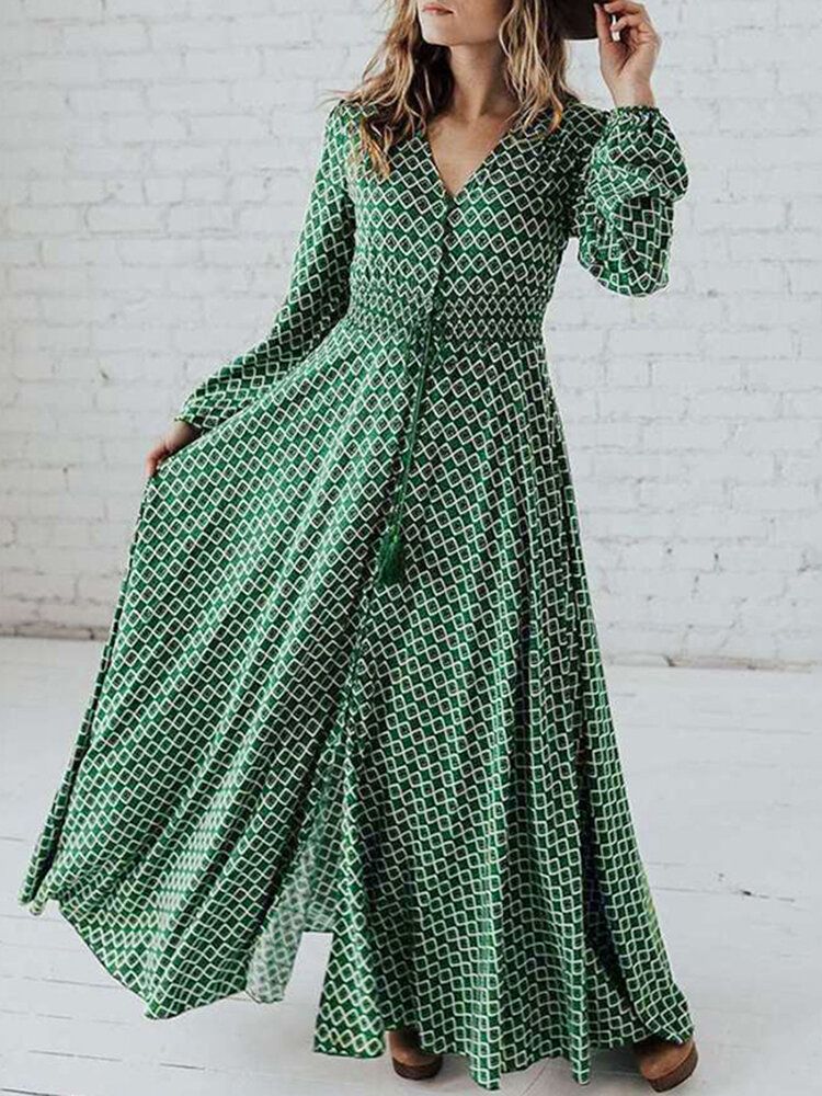 Robe Maxi Décontractée Plissée À Manches Bouffantes Et Imprimé Géométrique À Col En V Et À Manches Longues