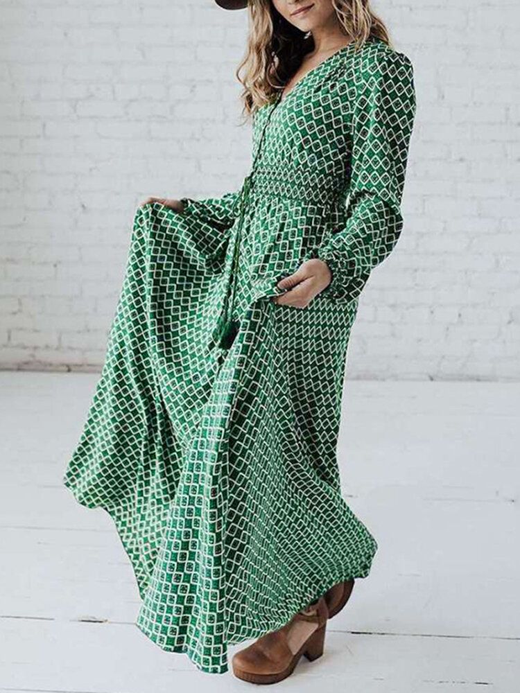 Robe Maxi Décontractée Plissée À Manches Bouffantes Et Imprimé Géométrique À Col En V Et À Manches Longues