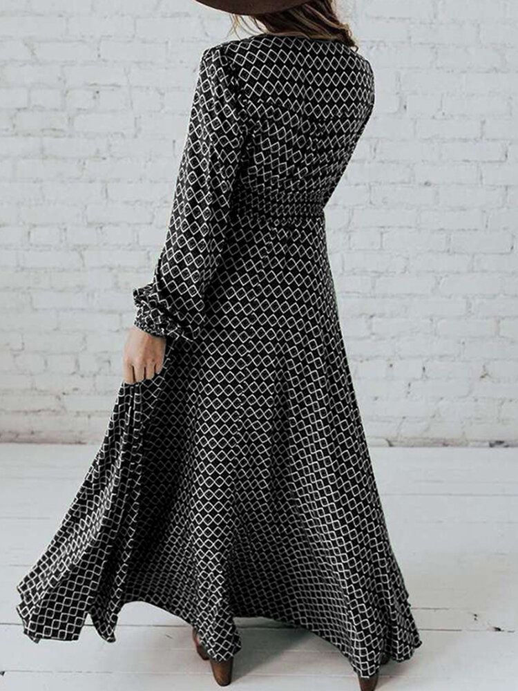 Robe Maxi Décontractée Plissée À Manches Bouffantes Et Imprimé Géométrique À Col En V Et À Manches Longues