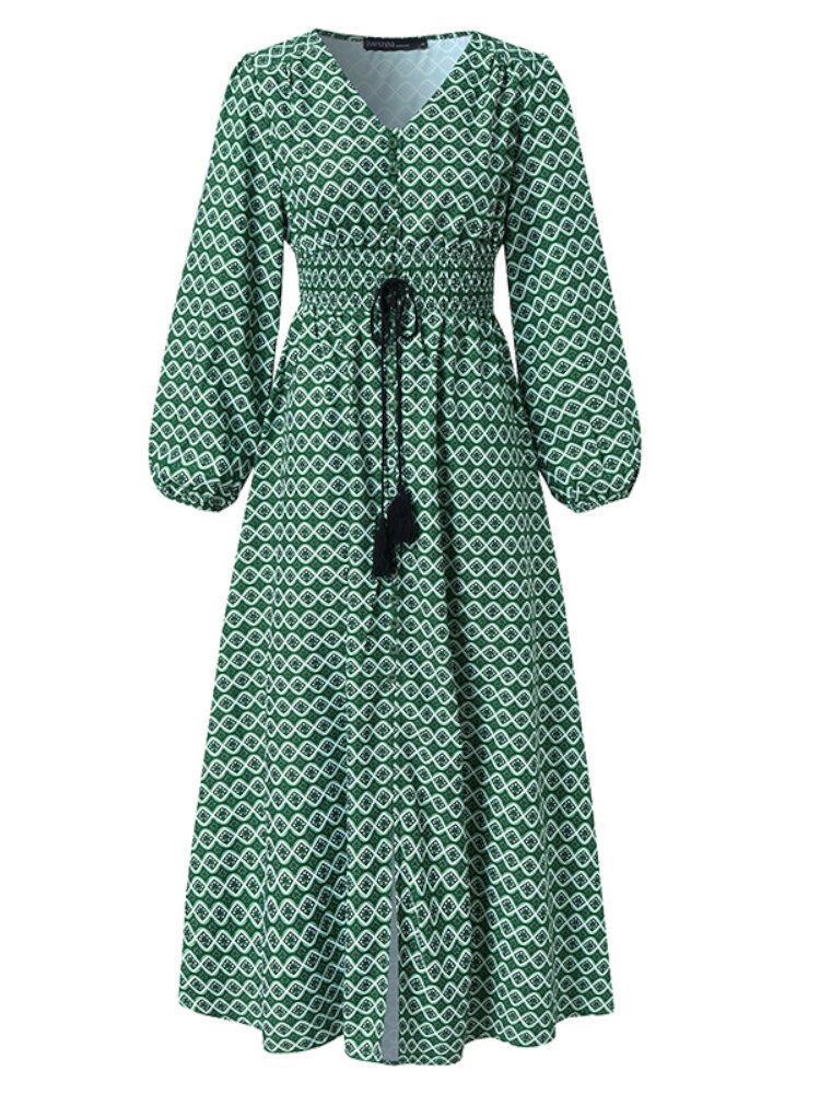 Robe Maxi Décontractée Plissée À Manches Bouffantes Et Imprimé Géométrique À Col En V Et À Manches Longues