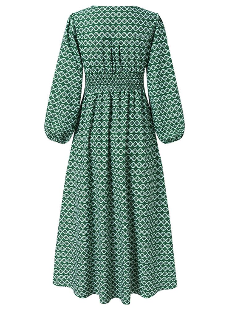 Robe Maxi Décontractée Plissée À Manches Bouffantes Et Imprimé Géométrique À Col En V Et À Manches Longues