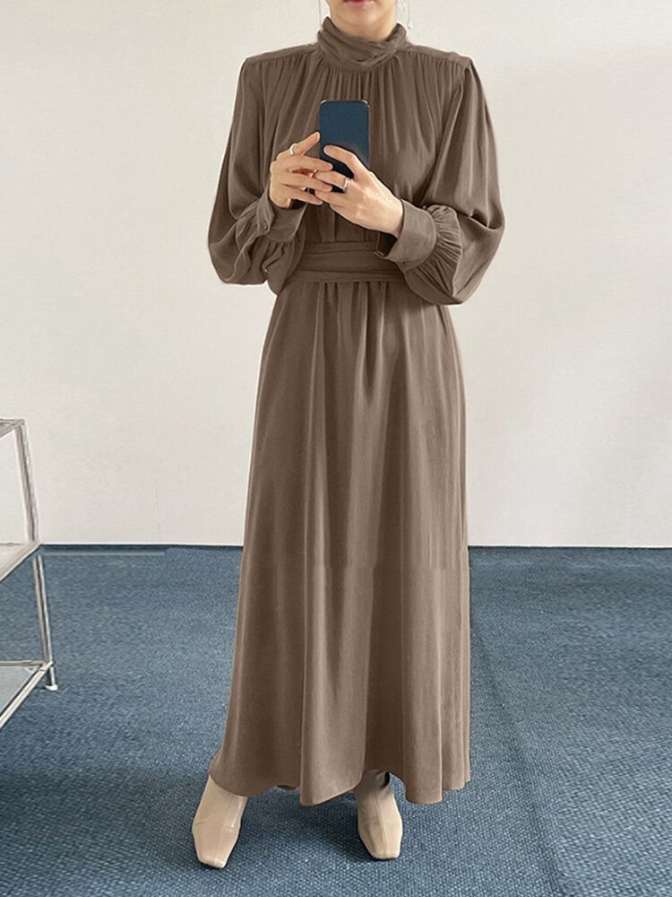 Robe Maxi Décontractée Plissée À Manches Longues Et Col Haut