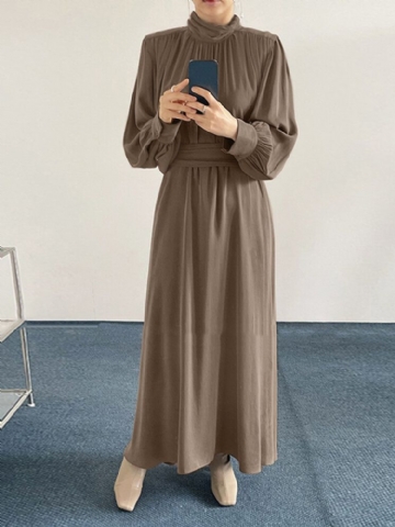 Robe Maxi Décontractée Plissée À Manches Longues Et Col Haut