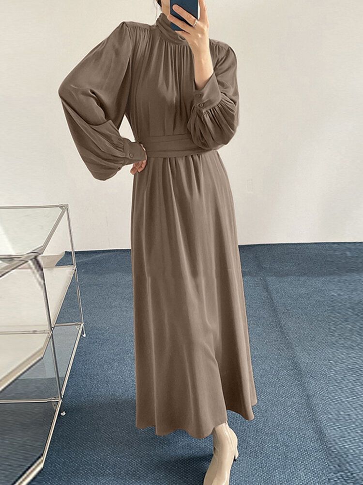 Robe Maxi Décontractée Plissée À Manches Longues Et Col Haut