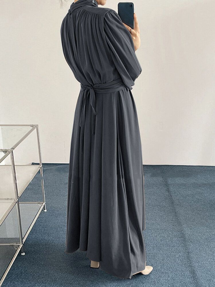 Robe Maxi Décontractée Plissée À Manches Longues Et Col Haut