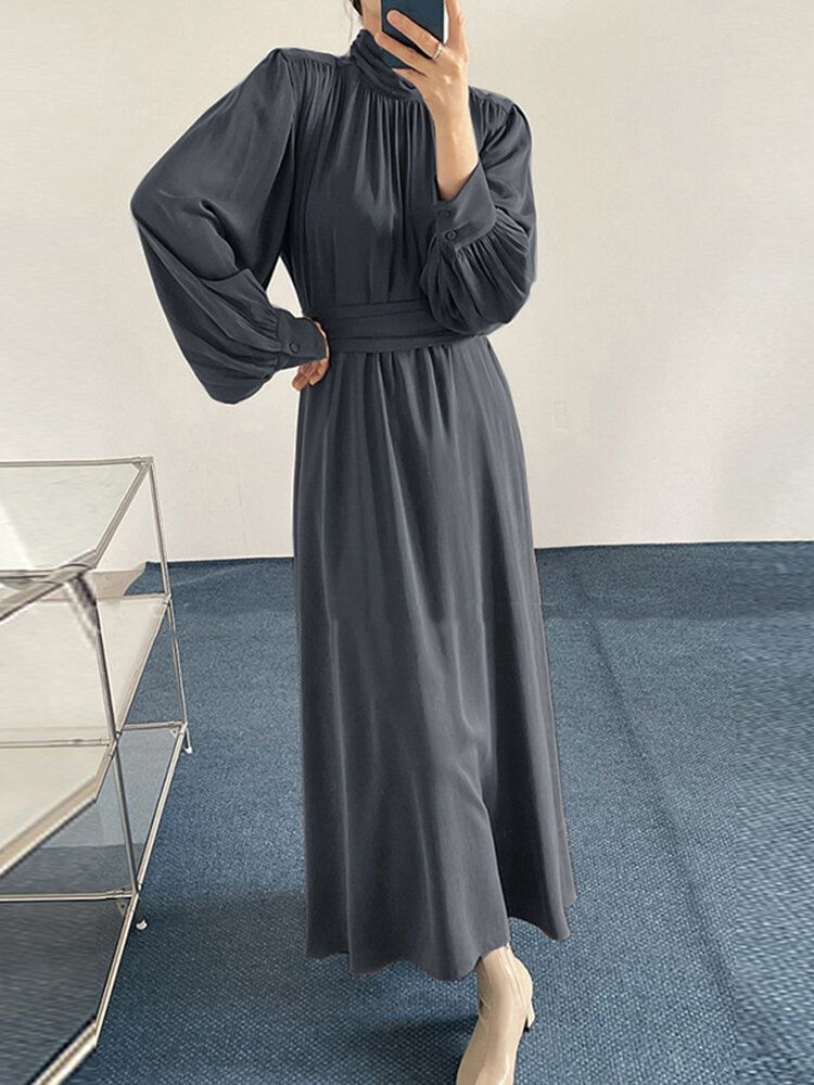 Robe Maxi Décontractée Plissée À Manches Longues Et Col Haut