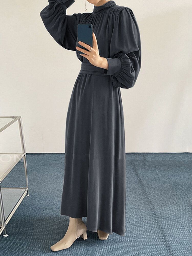 Robe Maxi Décontractée Plissée À Manches Longues Et Col Haut