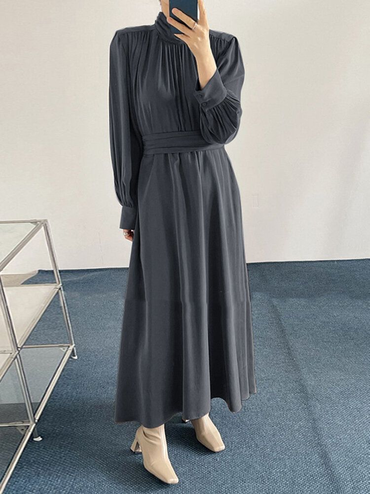 Robe Maxi Décontractée Plissée À Manches Longues Et Col Haut