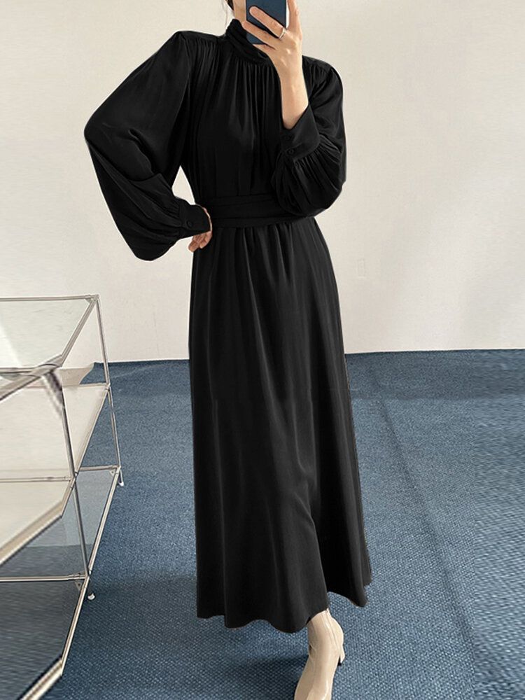 Robe Maxi Décontractée Plissée À Manches Longues Et Col Haut