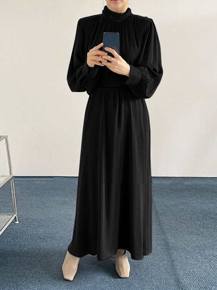 Robe Maxi Décontractée Plissée À Manches Longues Et Col Haut