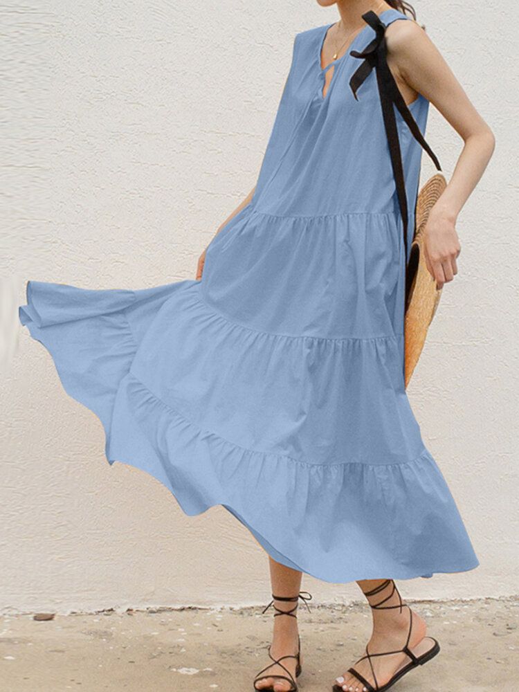 Robe Maxi Décontractée Quotidienne Sans Manches À Col En V Et À Lacets Plissés De Couleur Unie