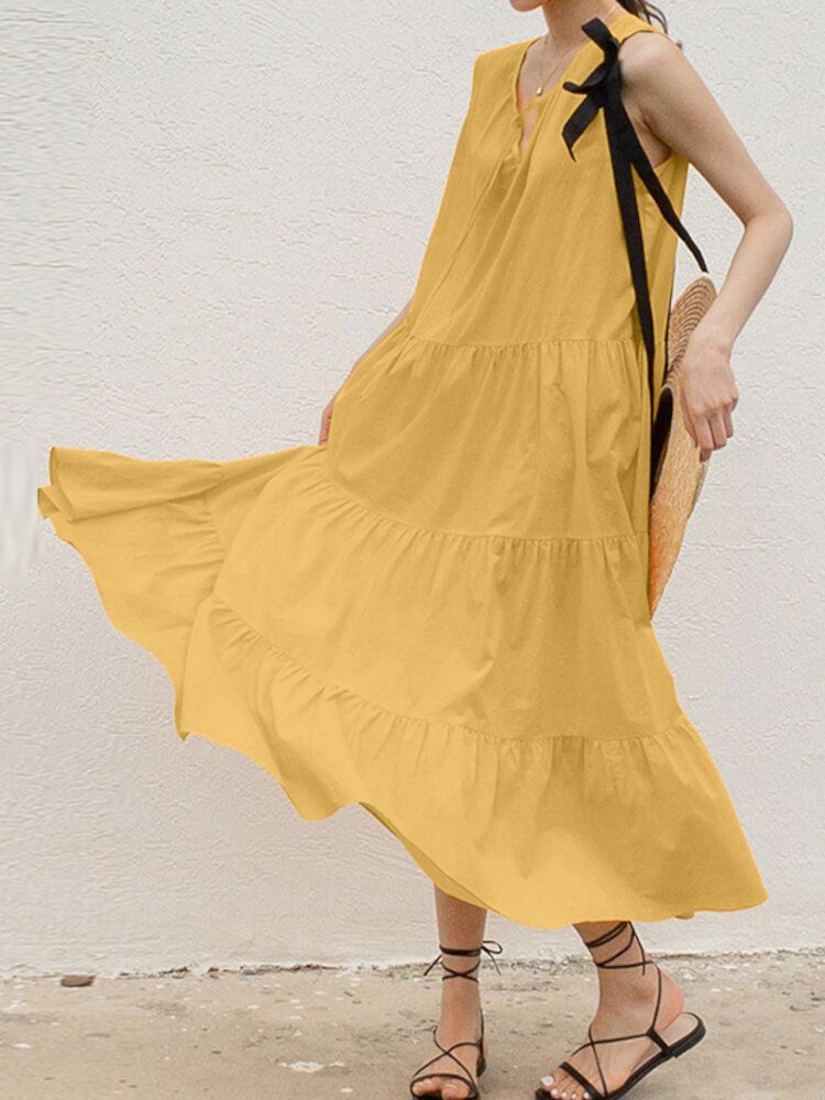 Robe Maxi Décontractée Quotidienne Sans Manches À Col En V Et À Lacets Plissés De Couleur Unie