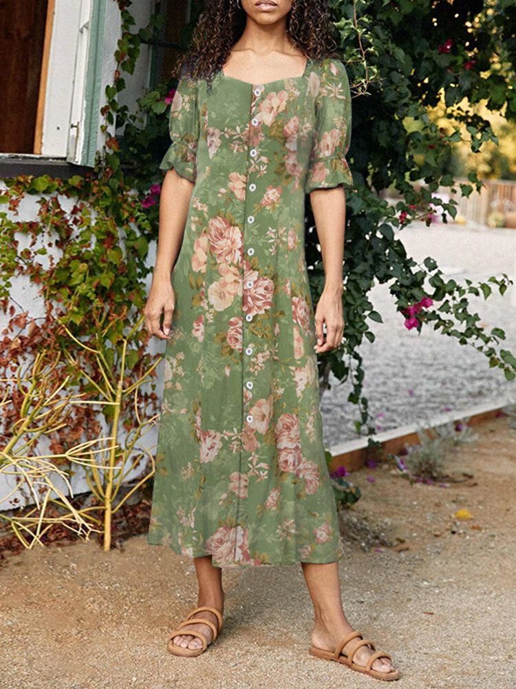 Robe Maxi Élégante À Col Carré Et Imprimé Fleuri Pour Femmes