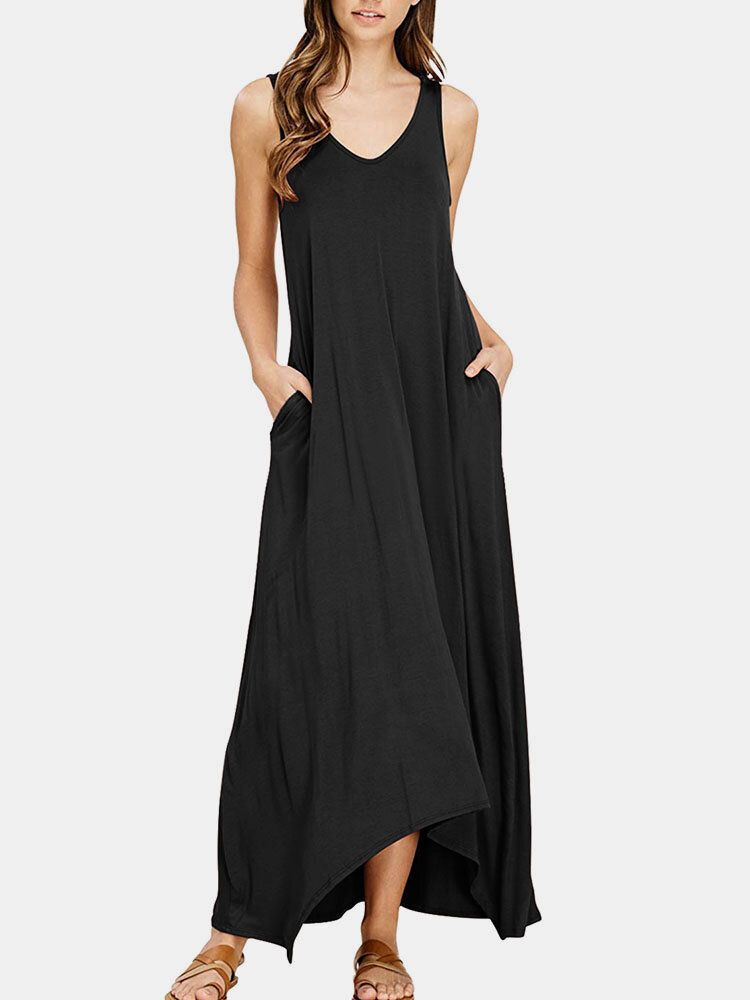 Robe Maxi À Encolure En V Sans Manches Avec Poche Solide