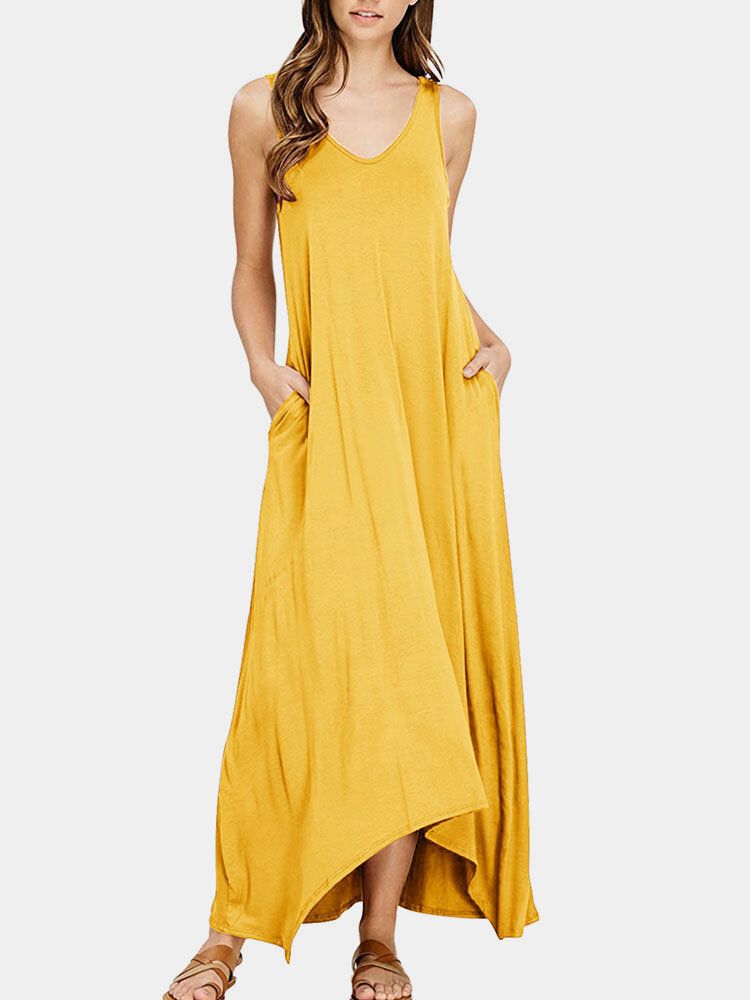 Robe Maxi À Encolure En V Sans Manches Avec Poche Solide