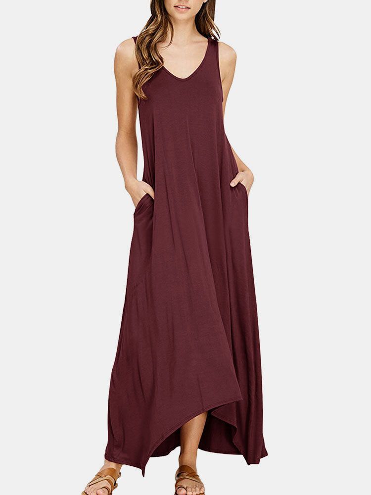 Robe Maxi À Encolure En V Sans Manches Avec Poche Solide