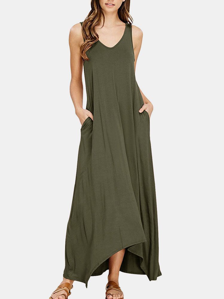 Robe Maxi À Encolure En V Sans Manches Avec Poche Solide