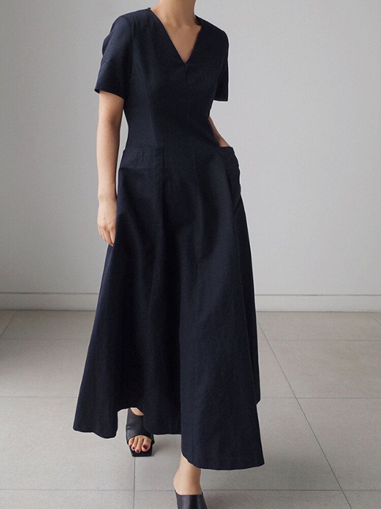 Robe Maxi Évasée À Manches Courtes Et Col En V Avec Poche Unie