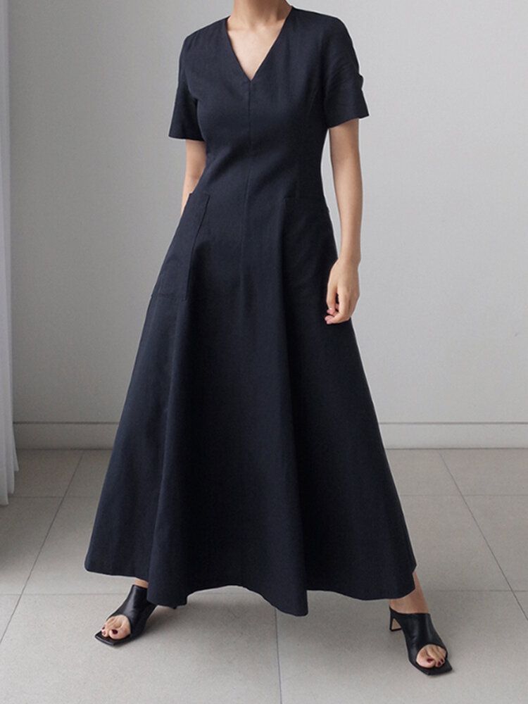 Robe Maxi Évasée À Manches Courtes Et Col En V Avec Poche Unie