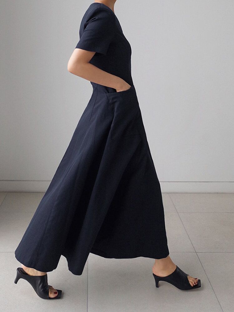 Robe Maxi Évasée À Manches Courtes Et Col En V Avec Poche Unie