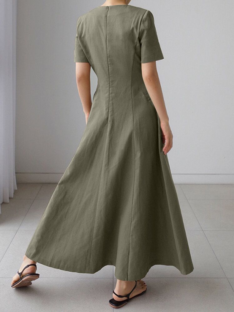 Robe Maxi Évasée À Manches Courtes Et Col En V Avec Poche Unie