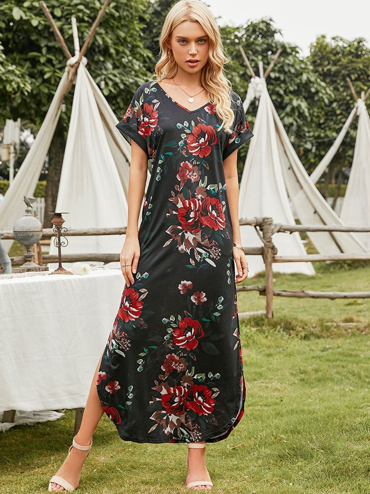 Robe Maxi Fendue À Fleurs Avec Poche À Col En V Et Manches Courtes