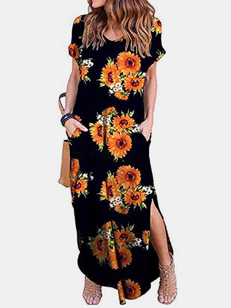 Robe Maxi Fendue À Fleurs Avec Poche À Col En V Et Manches Courtes