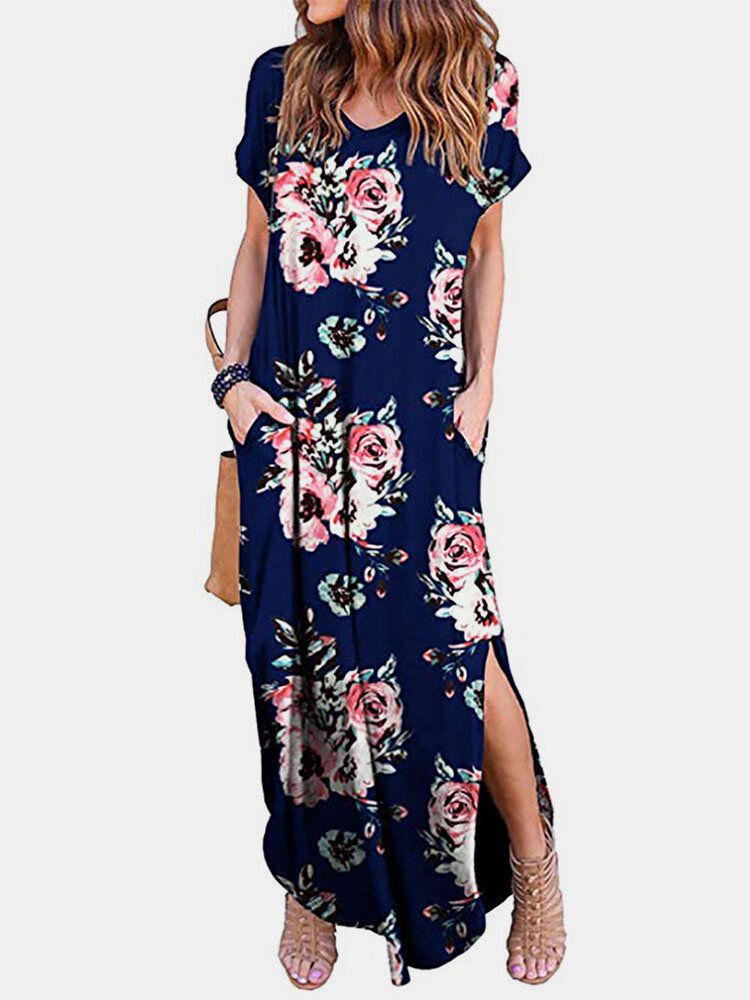 Robe Maxi Fendue À Fleurs Avec Poche À Col En V Et Manches Courtes