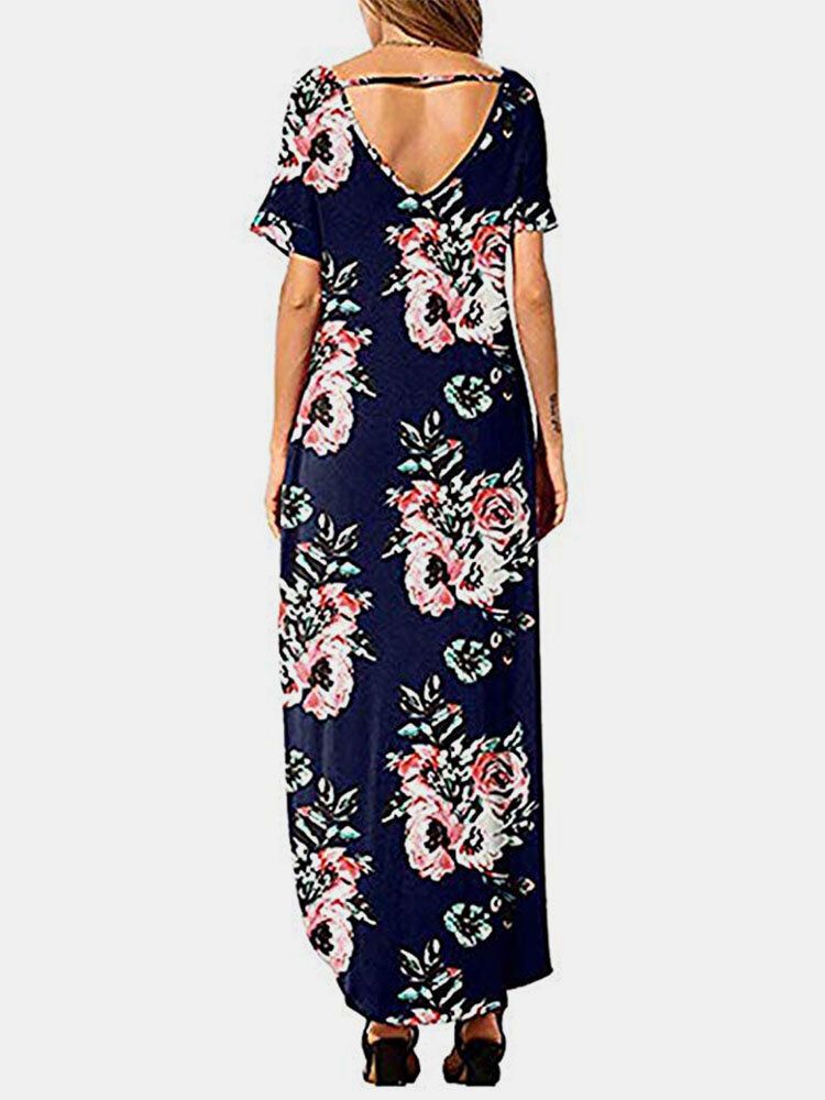 Robe Maxi Fendue À Fleurs Avec Poche À Col En V Et Manches Courtes