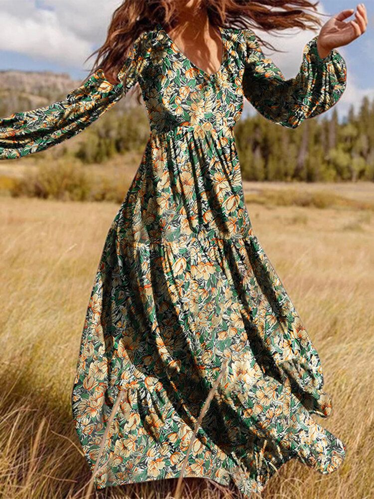 Robe Maxi À Imprimé Floral Et Col En V À Manches Longues Et Fermeture Éclair Invisible