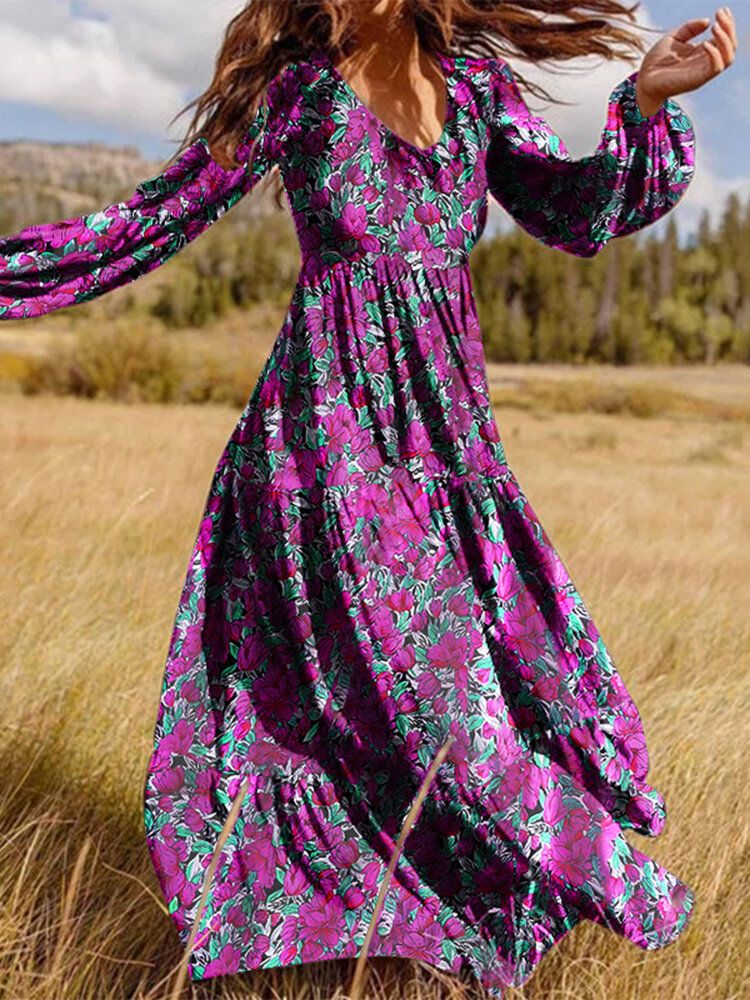 Robe Maxi À Imprimé Floral Et Col En V À Manches Longues Et Fermeture Éclair Invisible