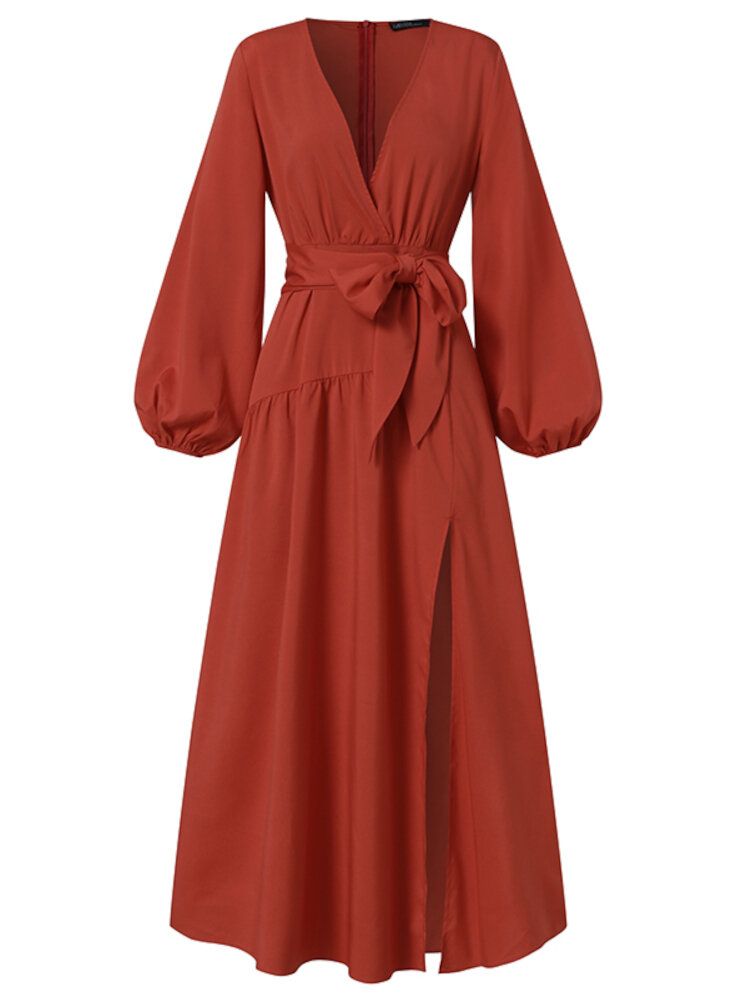 Robe Maxi À Lacets Pour Femmes À Col En V Et À Manches Longues De Couleur Unie