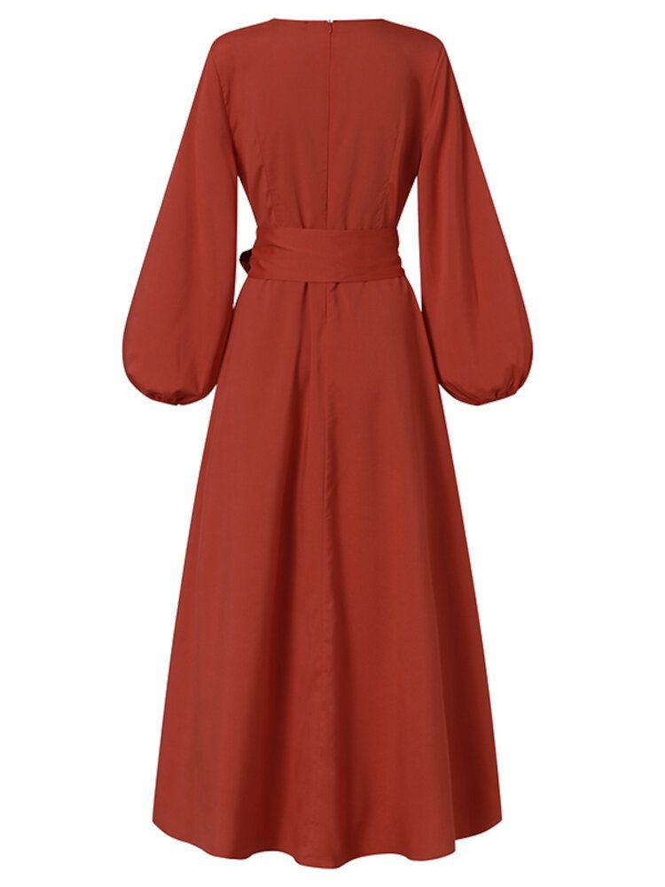 Robe Maxi À Lacets Pour Femmes À Col En V Et À Manches Longues De Couleur Unie