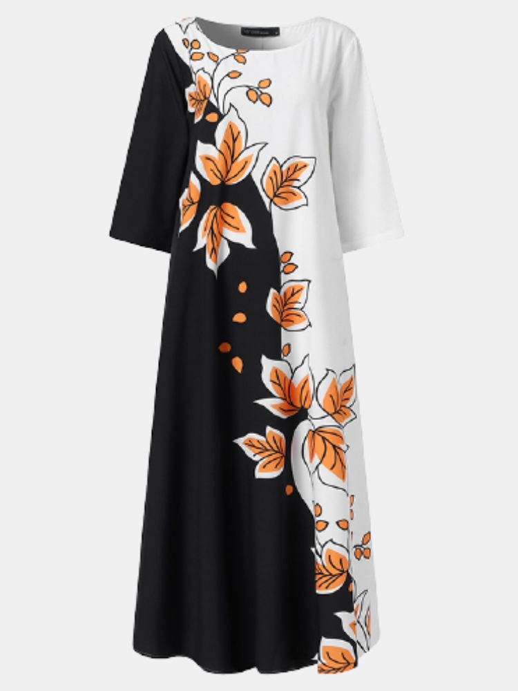 Robe Maxi À Manches 3/4 Décontractée À Col Rond Et À Imprimé Floral De Couleur Contrastée Pour Femmes