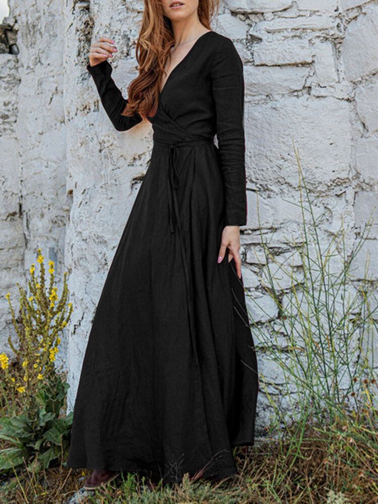 Robe Maxi À Manches Longues Et À Col En V