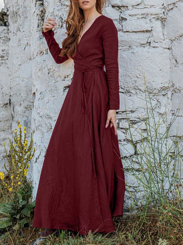 Robe Maxi À Manches Longues Et À Col En V