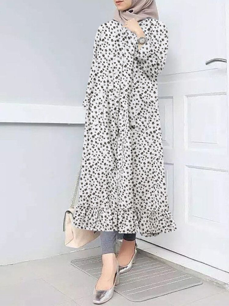 Robe Maxi À Manches Longues Et À Volants Et Petites Fleurs