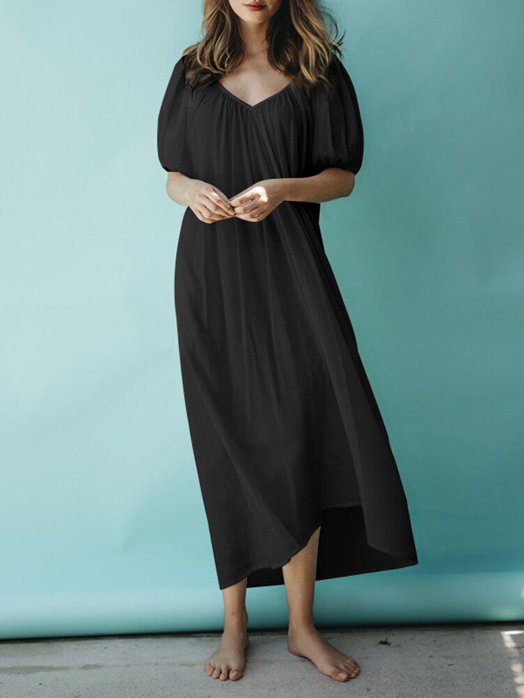 Robe Maxi En Mousseline De Soie Plissée À Manches Bouffantes Unies