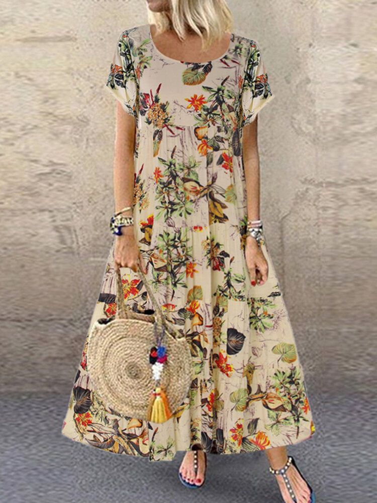 Robe Maxi Plissée Bohème À Manches Courtes Et Col Rond Imprimé Feuilles Florales Vintage