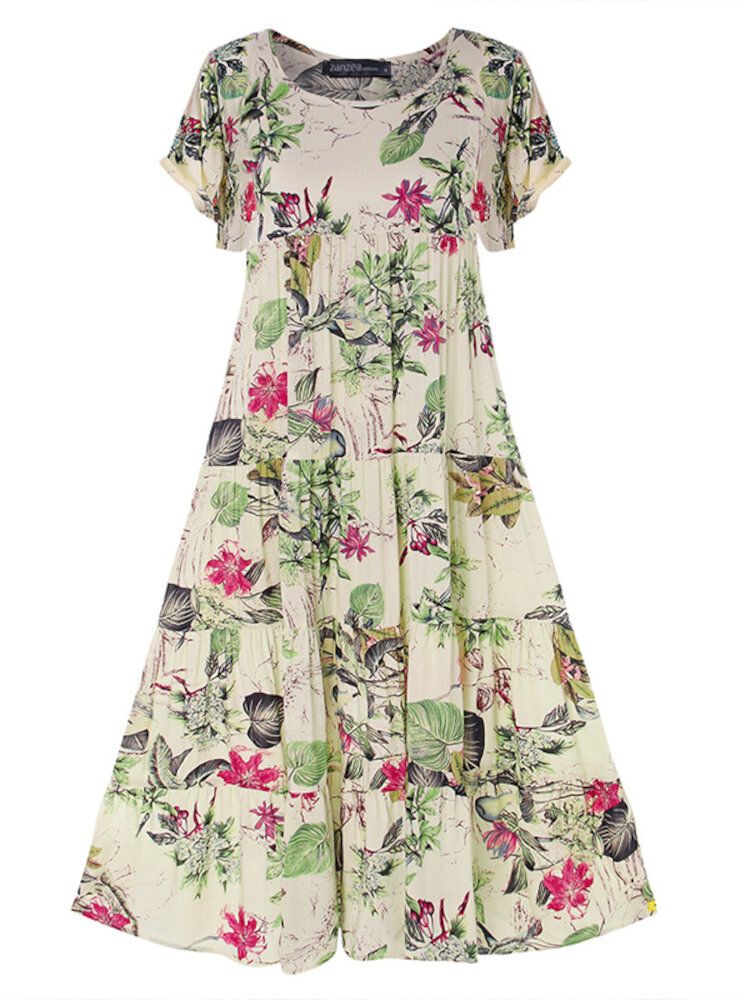 Robe Maxi Plissée Bohème À Manches Courtes Et Col Rond Imprimé Feuilles Florales Vintage