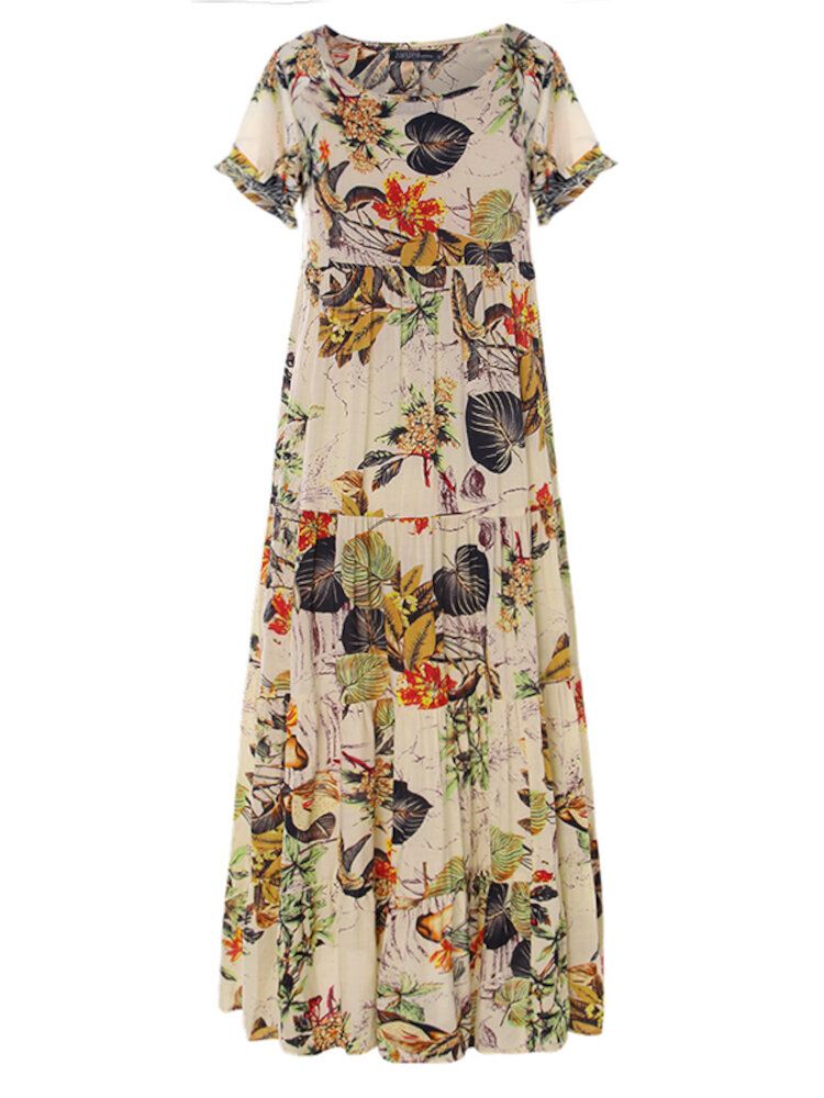 Robe Maxi Plissée Bohème À Manches Courtes Et Col Rond Imprimé Feuilles Florales Vintage