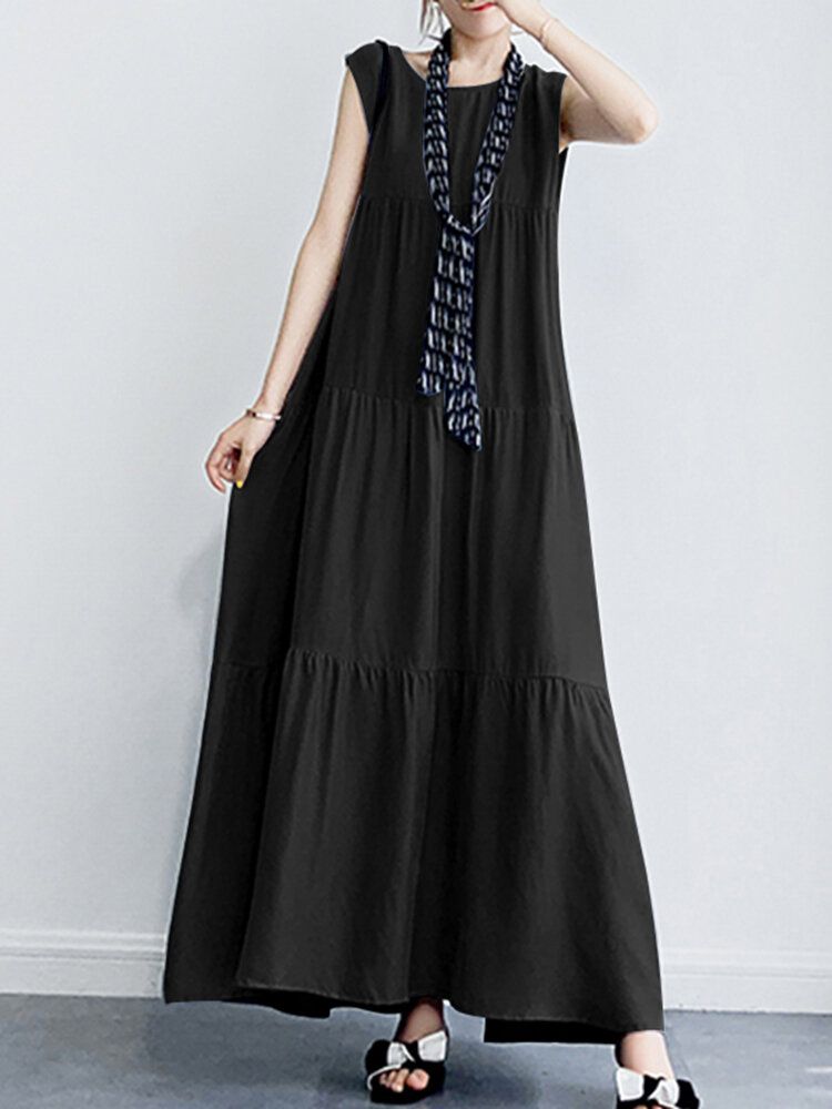 Robe Maxi Plissée À Col Rond Sans Manches À Volants De Couleur Unie