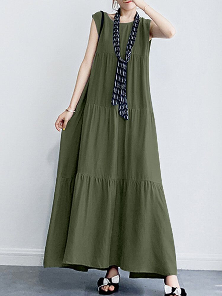 Robe Maxi Plissée À Col Rond Sans Manches À Volants De Couleur Unie